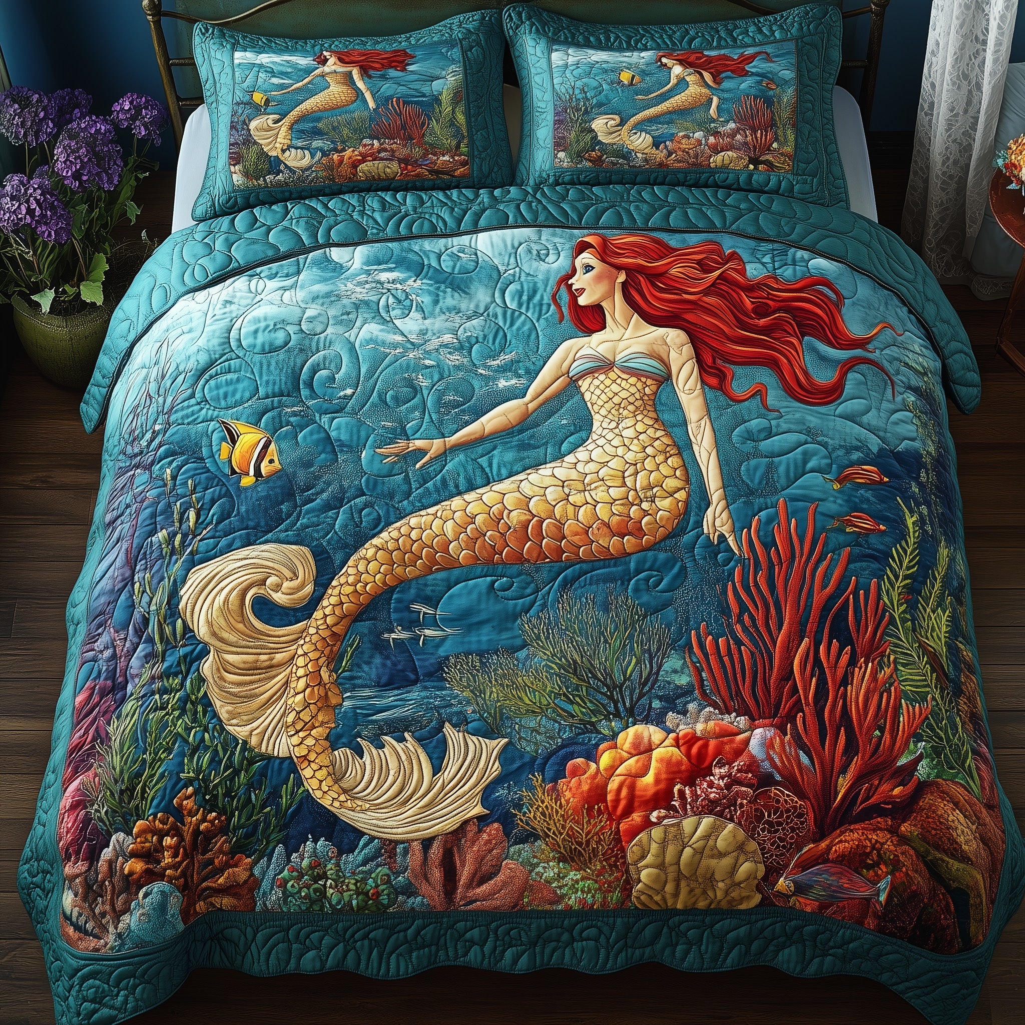 Enchanted Mermaid Quilted Bedding Set Duvet Cover Merchandise Best Mermaid Theme Gifts