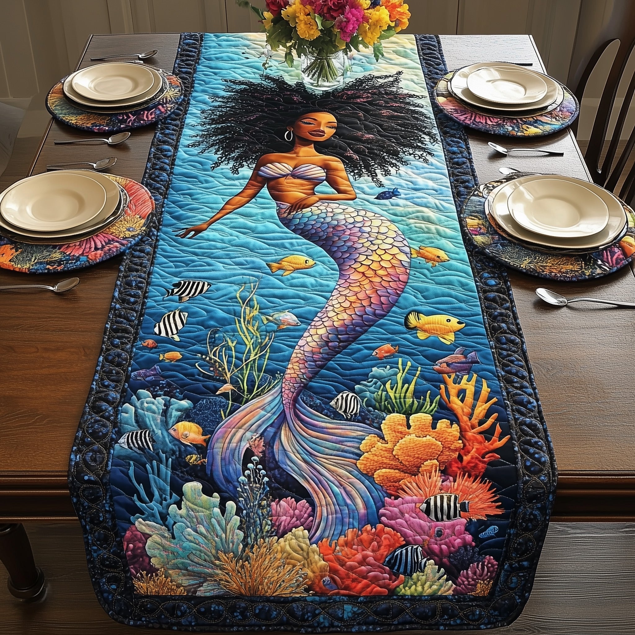 Enchanted Mermaid Quilted Table Runner Christmas Dining Table Runner