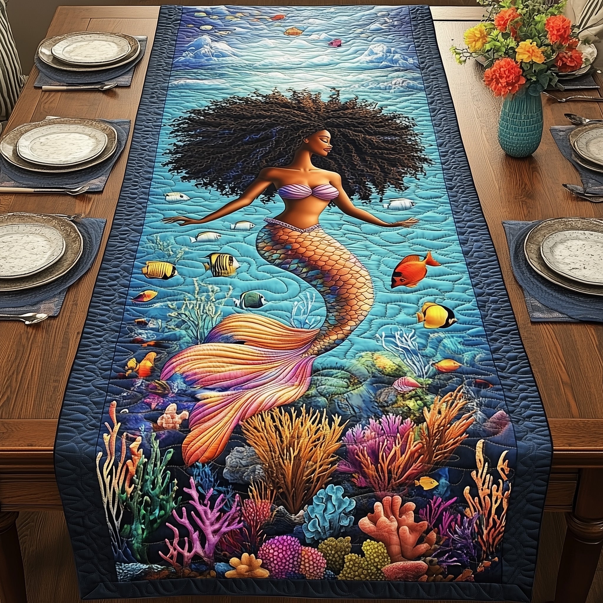 Enchanted Mermaid Quilted Table Runner Christmas Table Runner Decoration