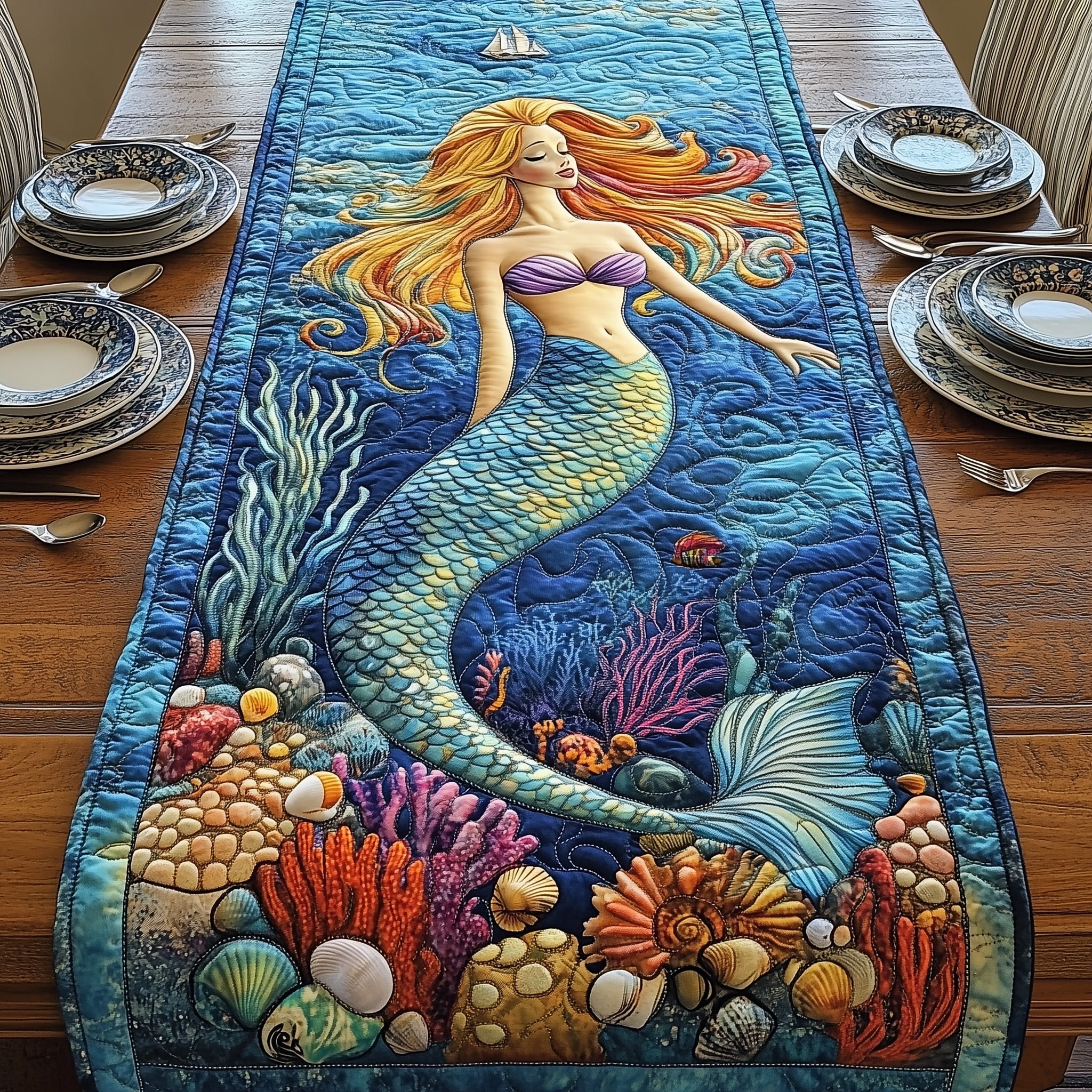 Enchanted Mermaid Quilted Table Runner Christmas Table Runner for Dining Room