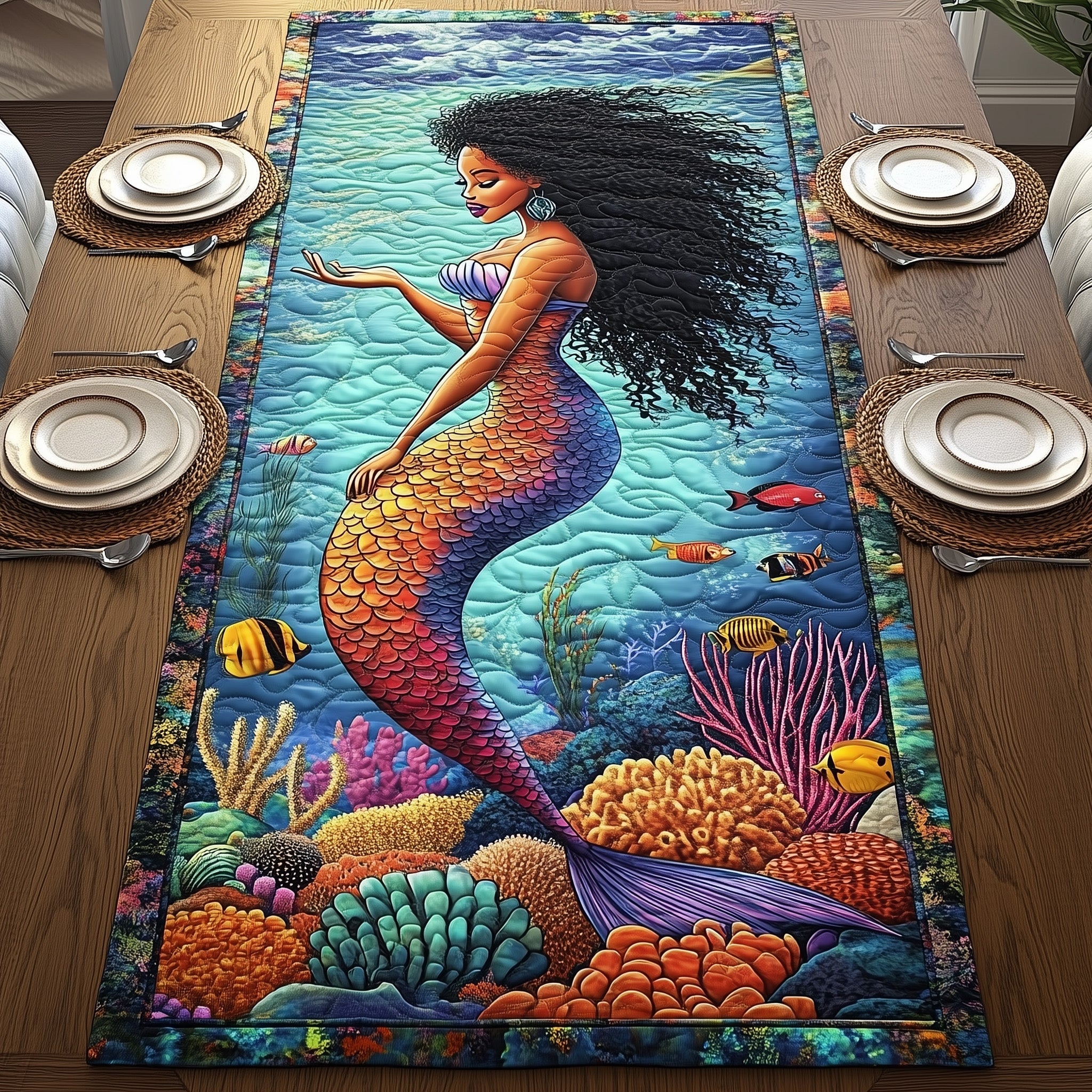Enchanted Mermaid Quilted Table Runner Cozy Winter Table Runner for Home