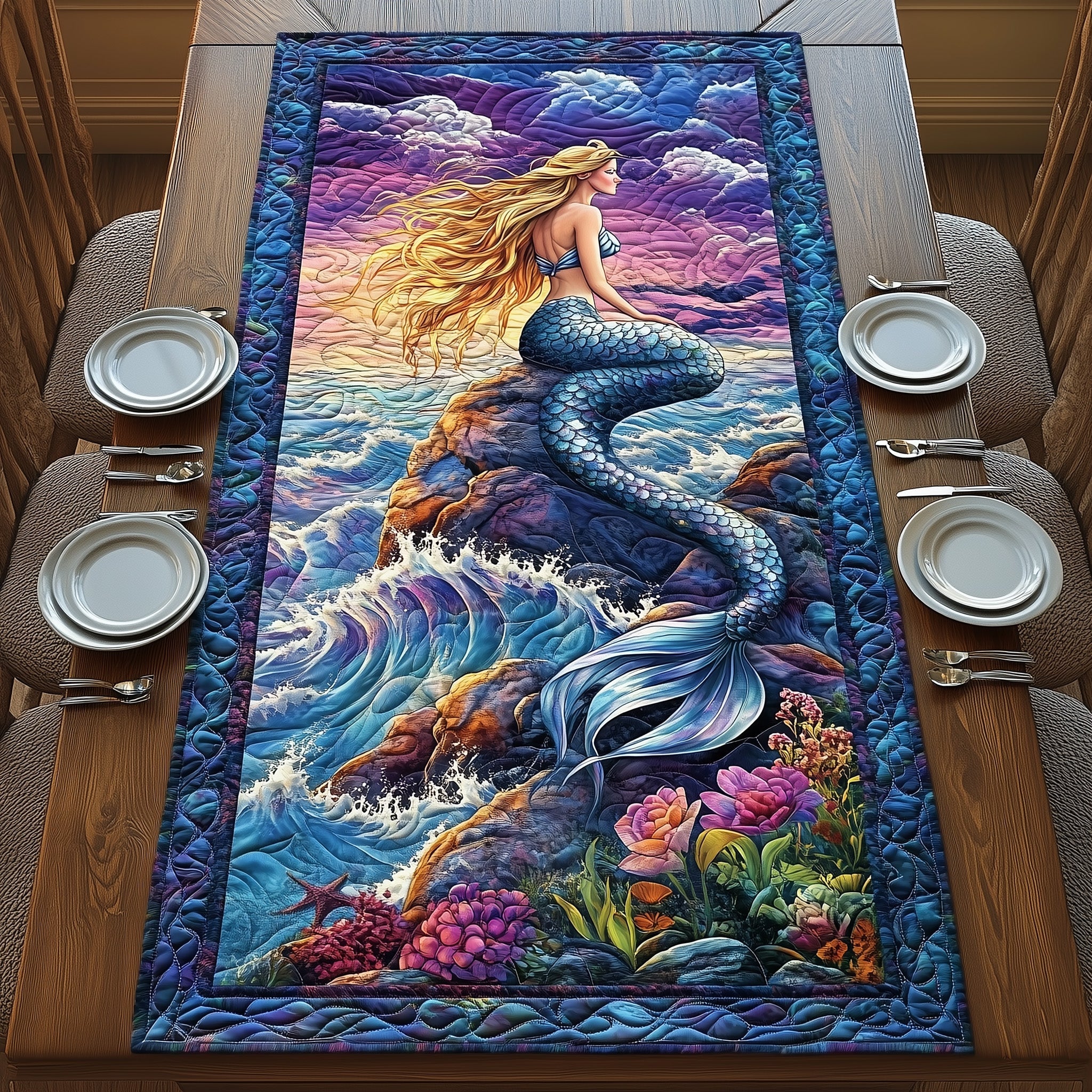 Enchanted Mermaid Quilted Table Runner Elegant Christmas Table Runner