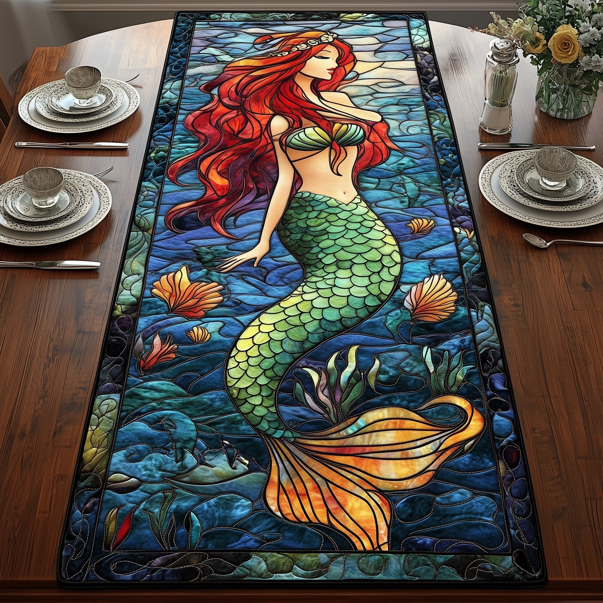 Enchanted Mermaid Quilted Table Runner Festive Christmas Dining Room Table Runner