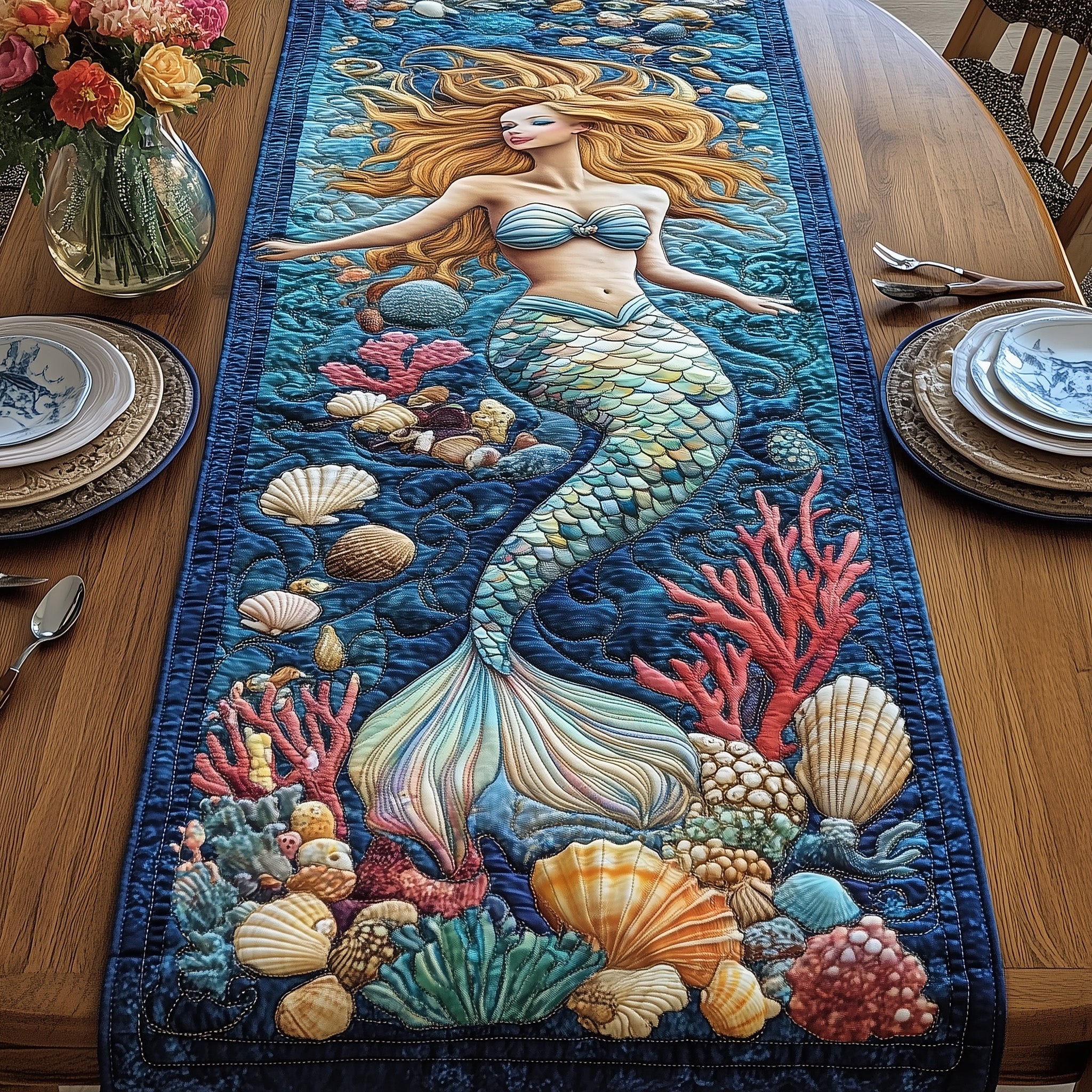 Enchanted Mermaid Quilted Table Runner Festive Holiday Table Runner Decor
