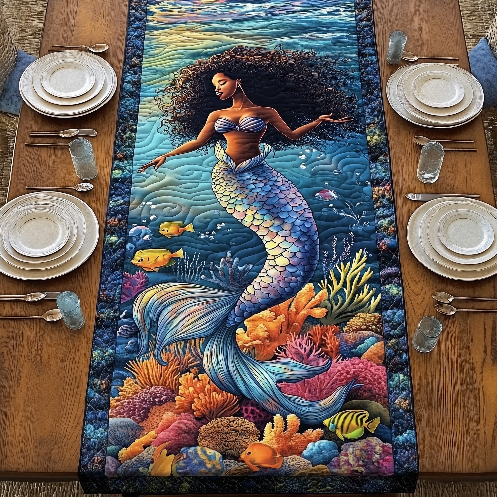 Enchanted Mermaid Quilted Table Runner Holiday Party Table Runner