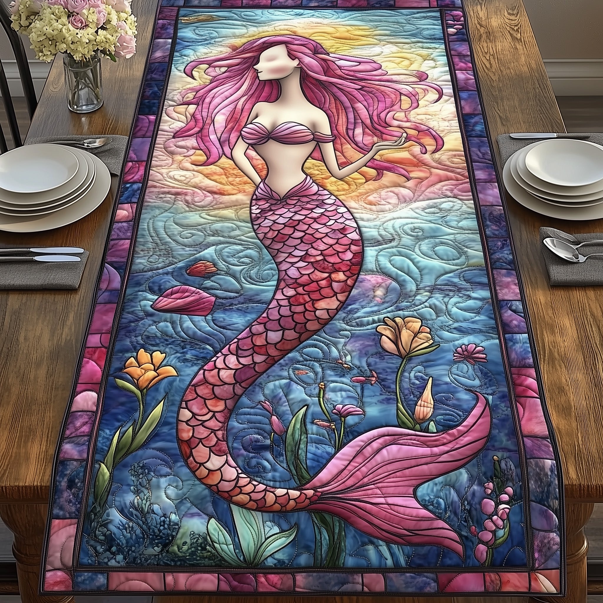 Enchanted Mermaid Quilted Table Runner Holiday Table Runner for Kitchen Decor