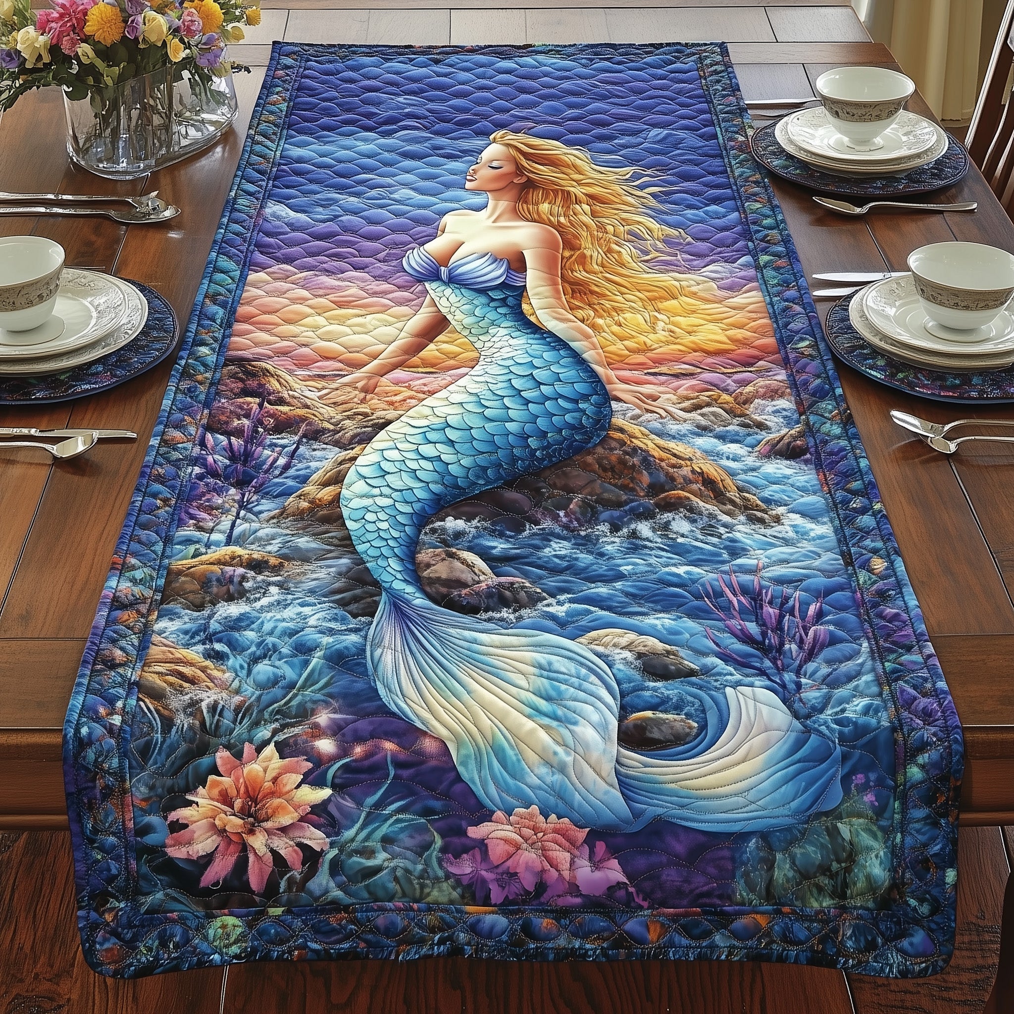Enchanted Mermaid Quilted Table Runner Seasonal Table Runner for Holidays