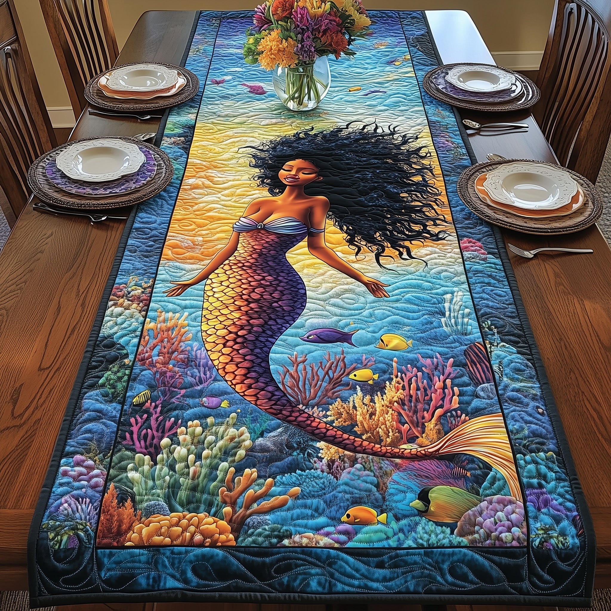 Enchanted Mermaid Quilted Table Runner Table Runner Gift for Holiday Season