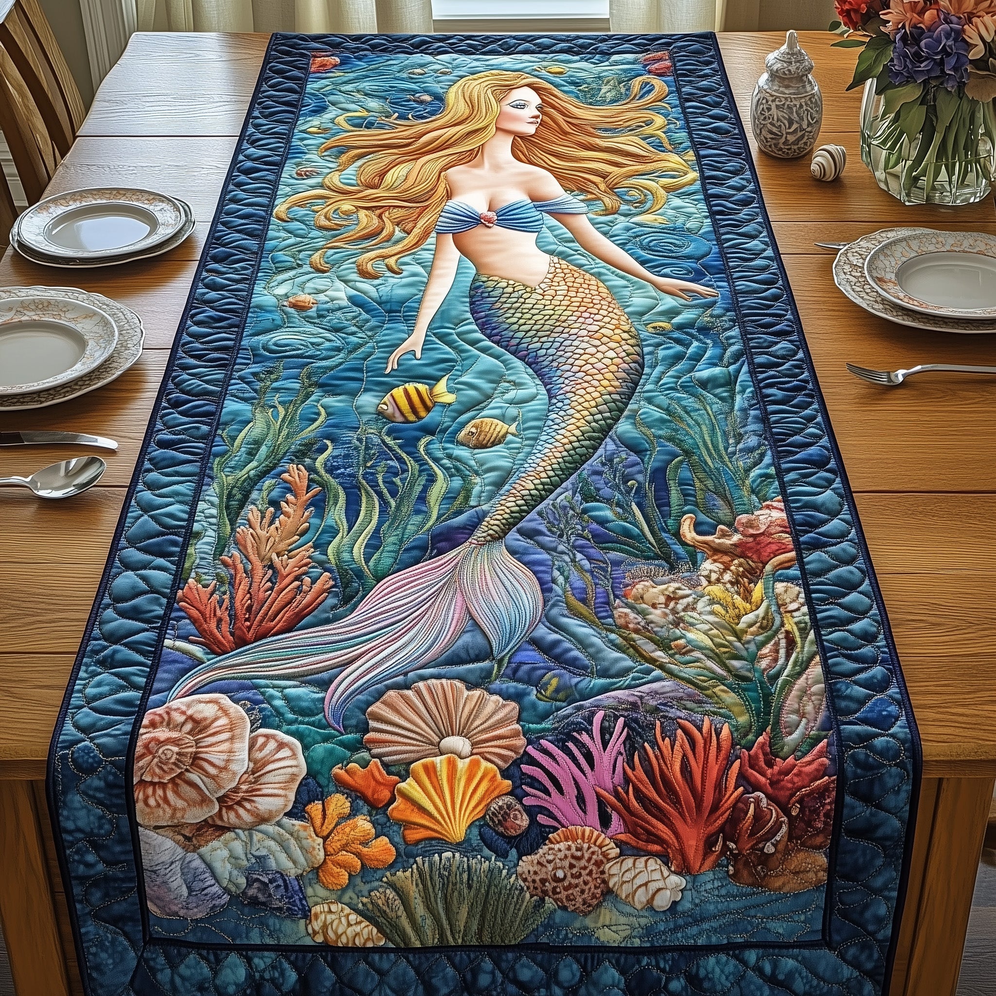 Enchanted Mermaid Quilted Table Runner Winter Table Runner