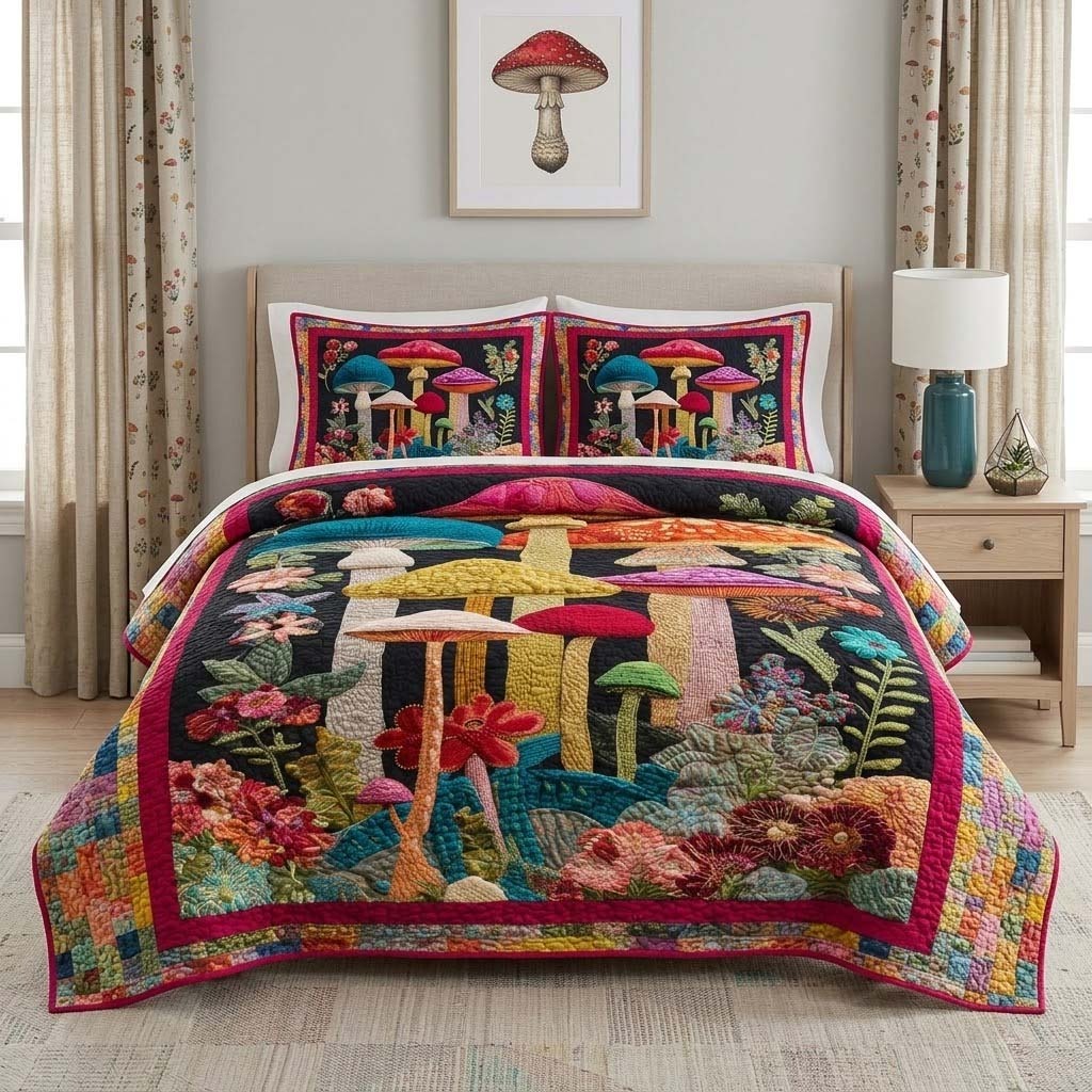 Enchanted Mushroom Forest Quilted Bedding Set Boho Bedroom Decor Gift For Nature Lovers