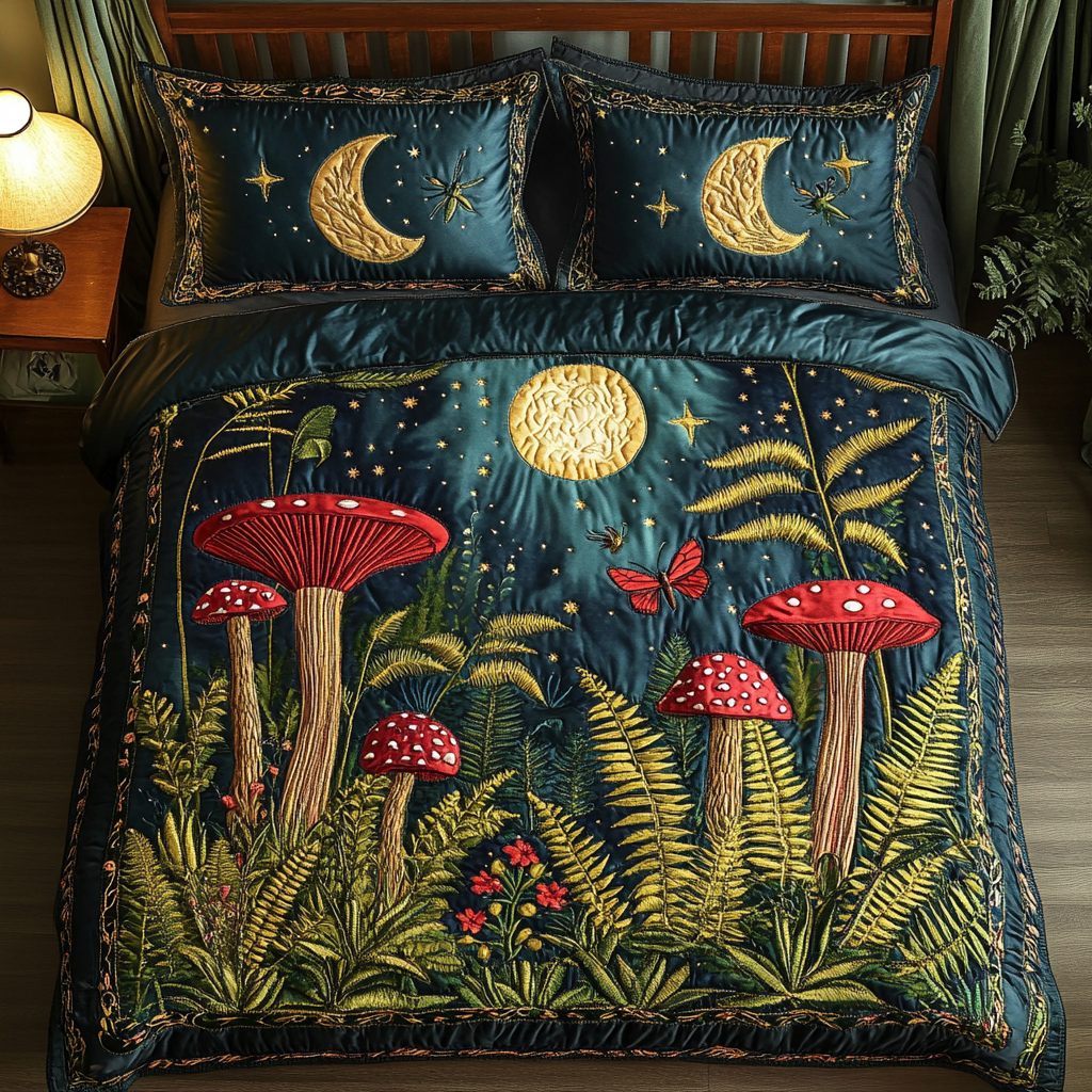Enchanted Mushroom Quilted Bedding Set Bed Room Decoration Gifts For Mushroom Lovers