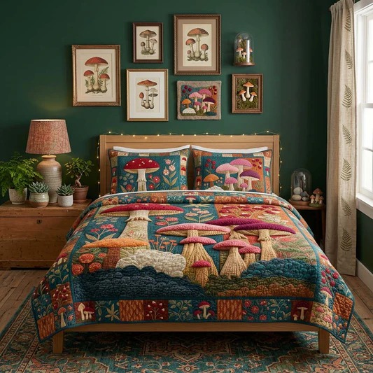 Enchanted Mushroom Quilted Bedding Set Woodland Bedroom Decor Home Gift For Nature Lovers
