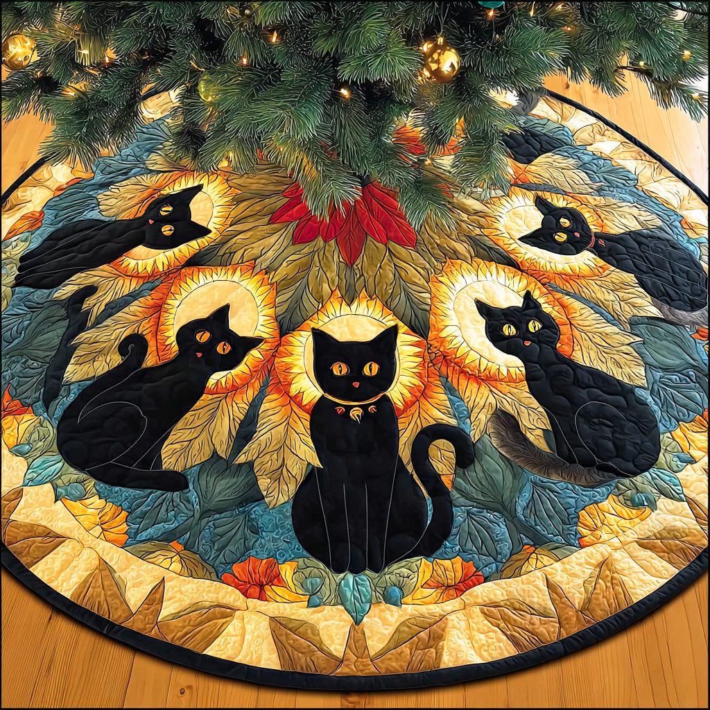 Enchanted Night Christmas Quilted Tree Skirt Xmas Tree Decor Black Cat Themed Gifts