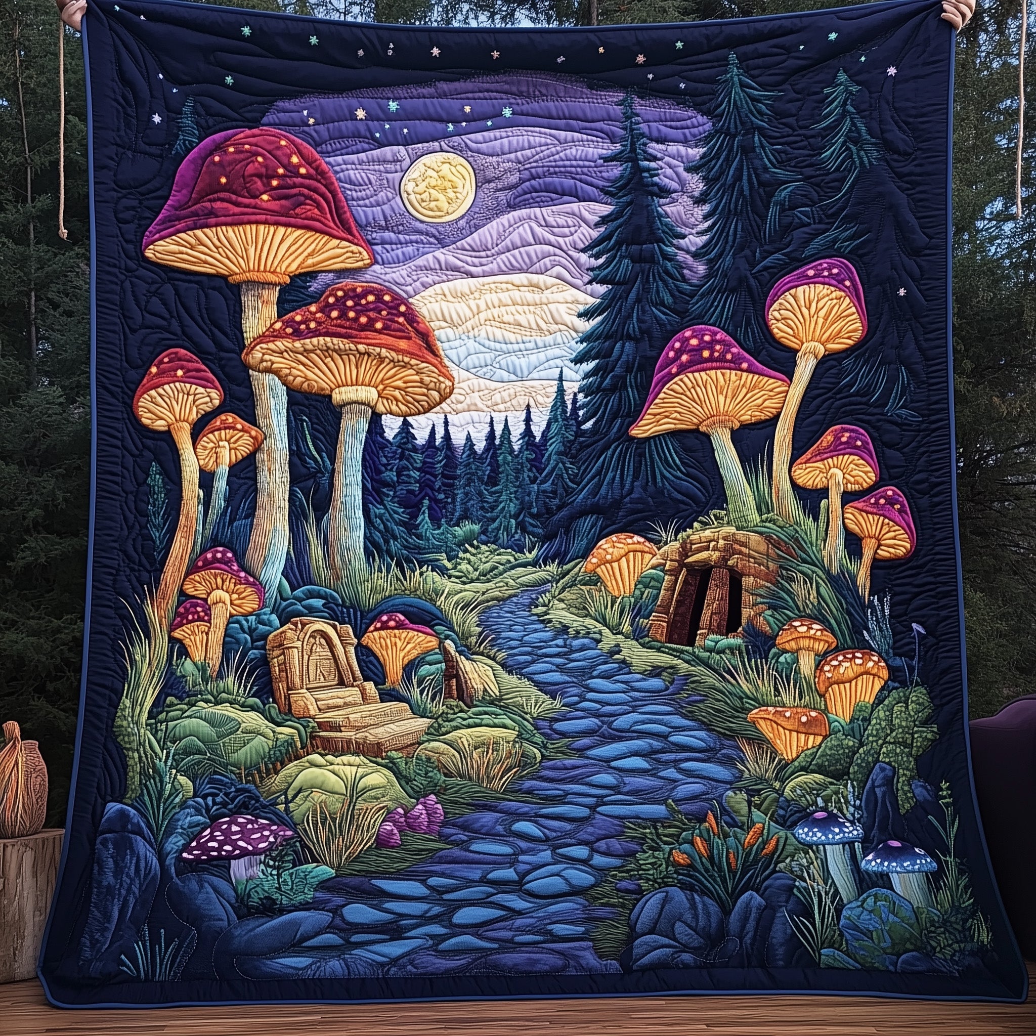 Enchanted Night Grove Quilted Blanket Couch Throw BlanketThemed Mushroom Presents