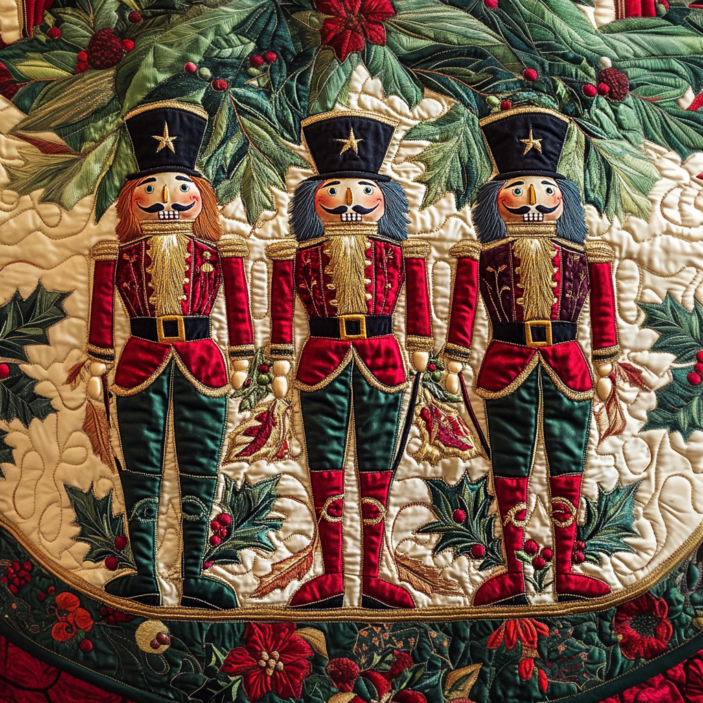 Enchanted Nutcracker Quilted Christmas Tree Skirt Winter Holiday Tree Skirt Festive Tree Base Cover