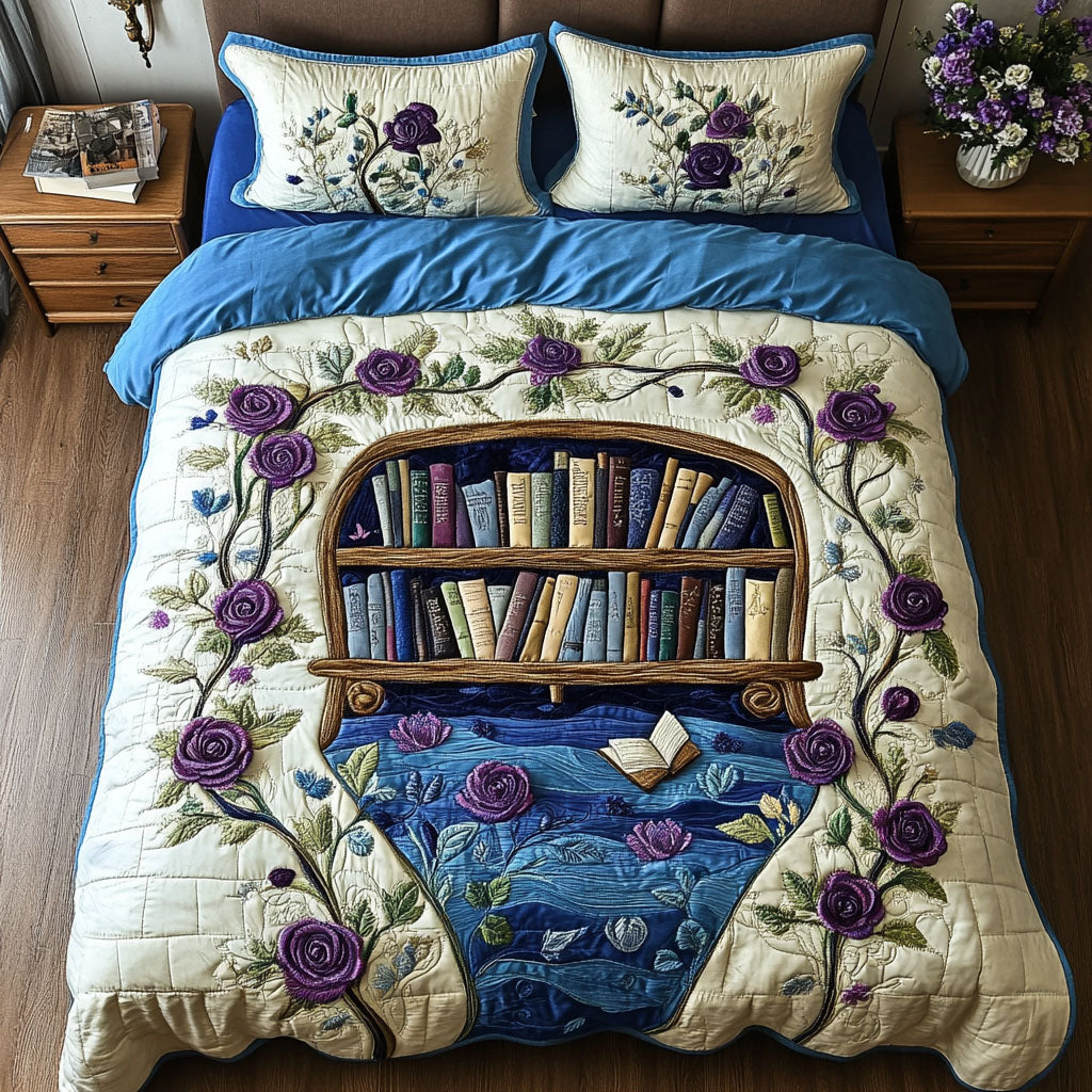 Enchanted Pages Quilted Bedding Set Cute Bedroom Decor Best Gifts For Book Readers