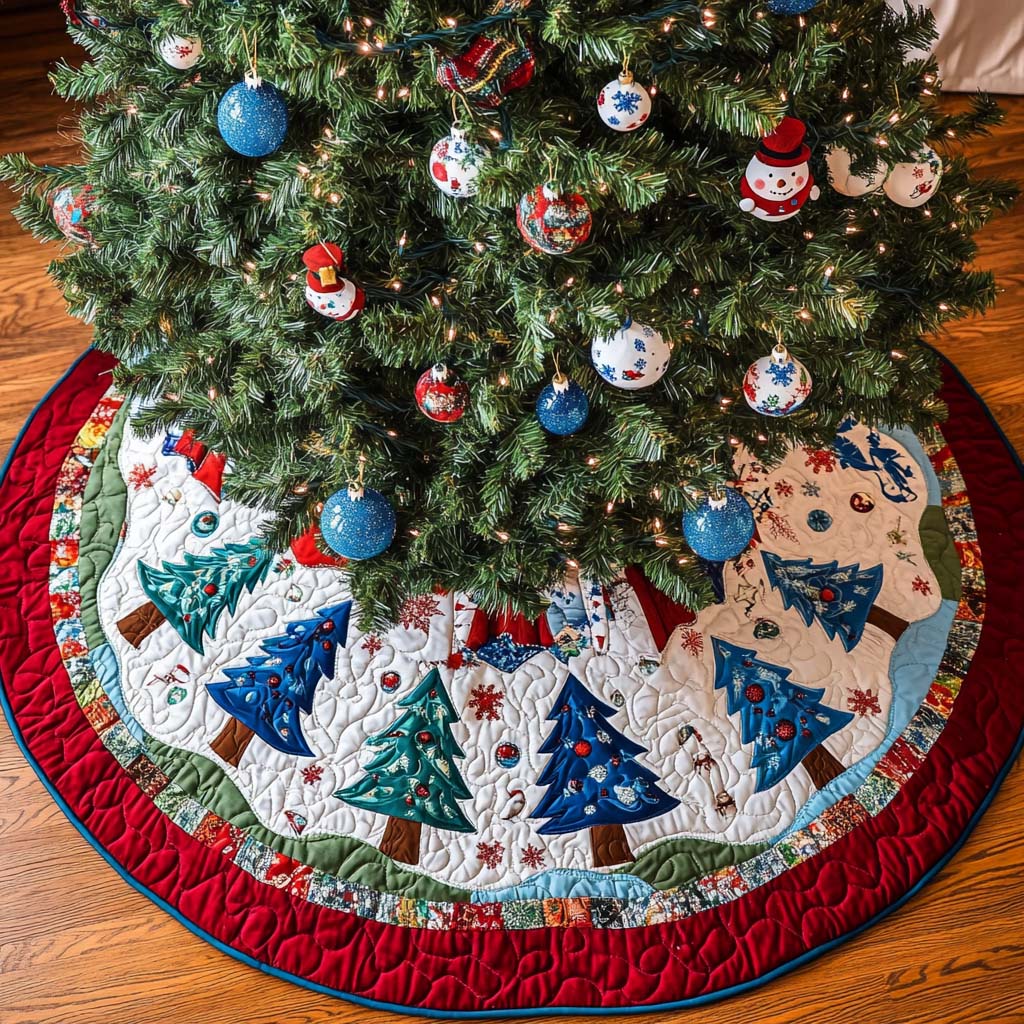 Enchanted Pines Christmas Quilted Tree Skirt Warm and Soft Christmas Tree Skirt for Winter
