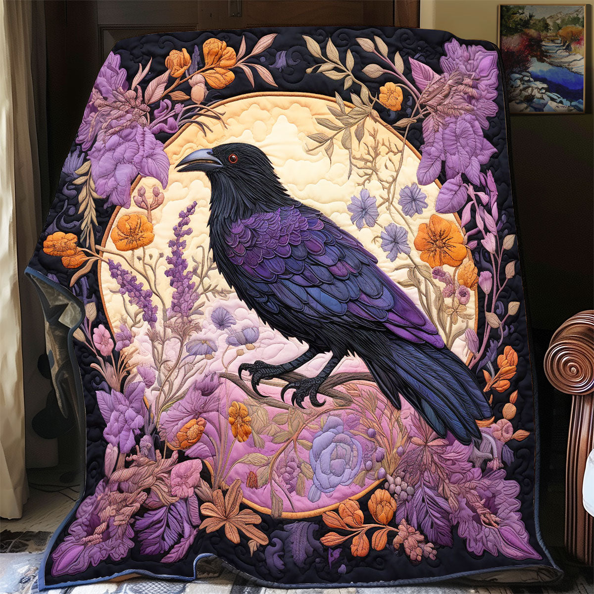 Enchanted Raven Blossom Quilt Premium Quilt Blanket for Family and Guests