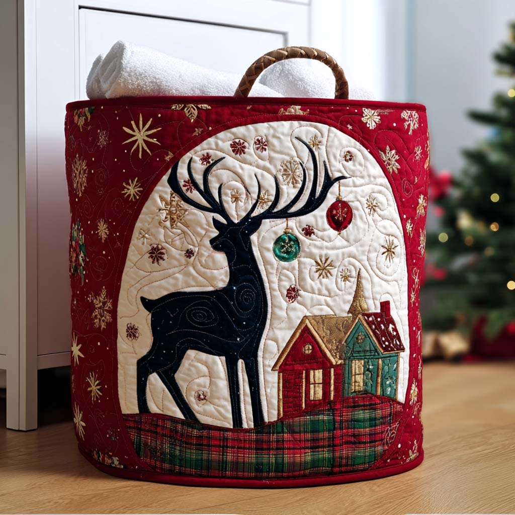 Enchanted Reindeer Quilted Laundry Basket Portable Quilted Hamper for Easy Carrying and Storage