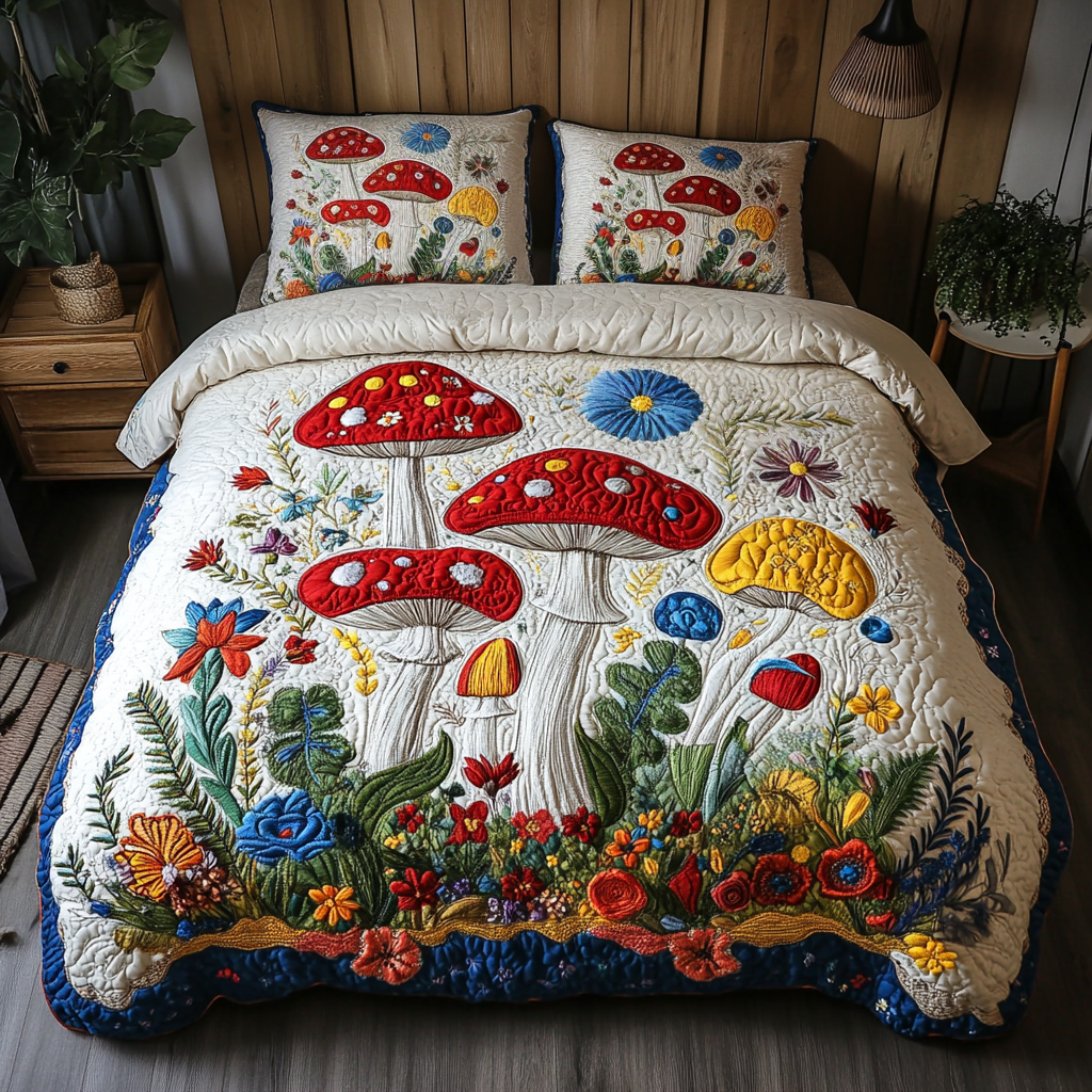 Enchanted Shrooms Quilted Bedding Set Best Bed Sheet Set Gifts For Hippie Brother