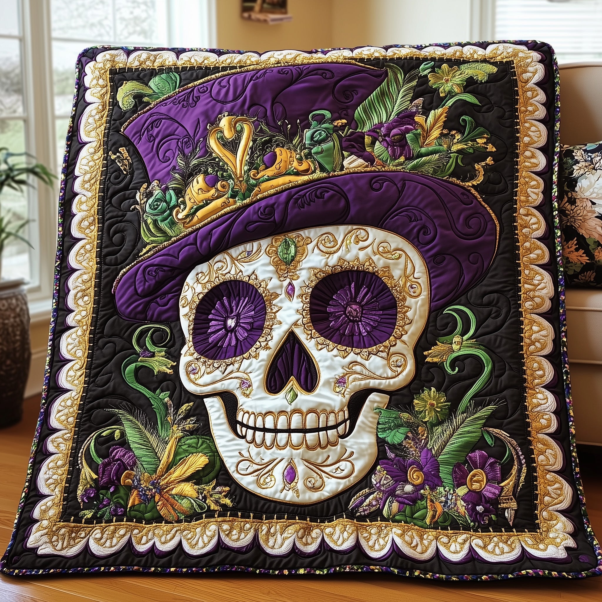 Enchanted Skull Mask Quilted Blanket Sofa Throw BlanketMardi Gras Gifts For Men
