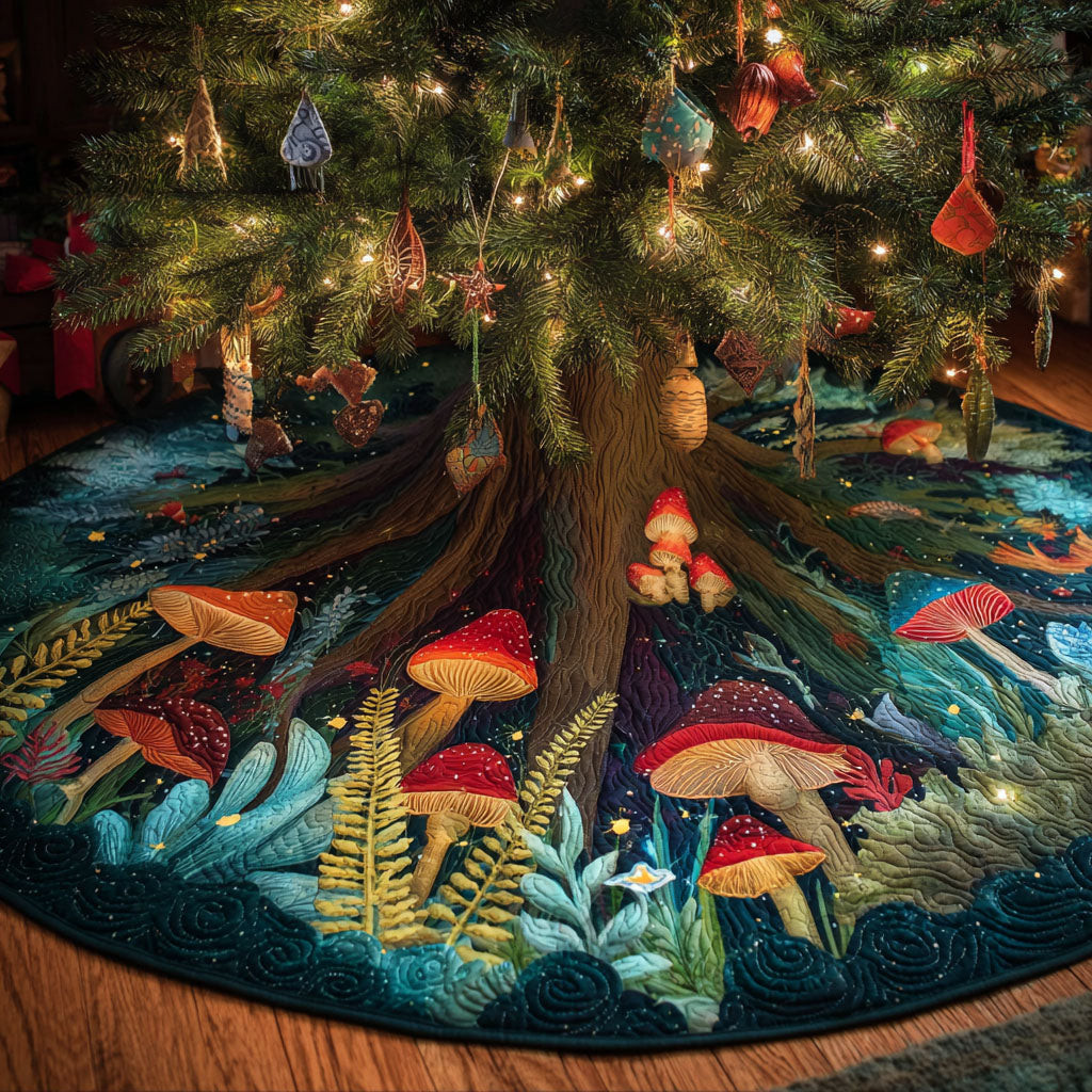 Enchanted Steps Christmas Quilted Tree Skirt Shining Forest Xmas Decor Mushroom Lover Gifts