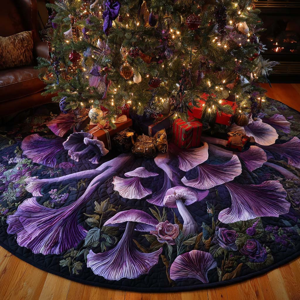 Enchanted Toadstools Christmas Quilted Tree Skirt Nature Vibe Christmas Gifts For Mushroom Lovers