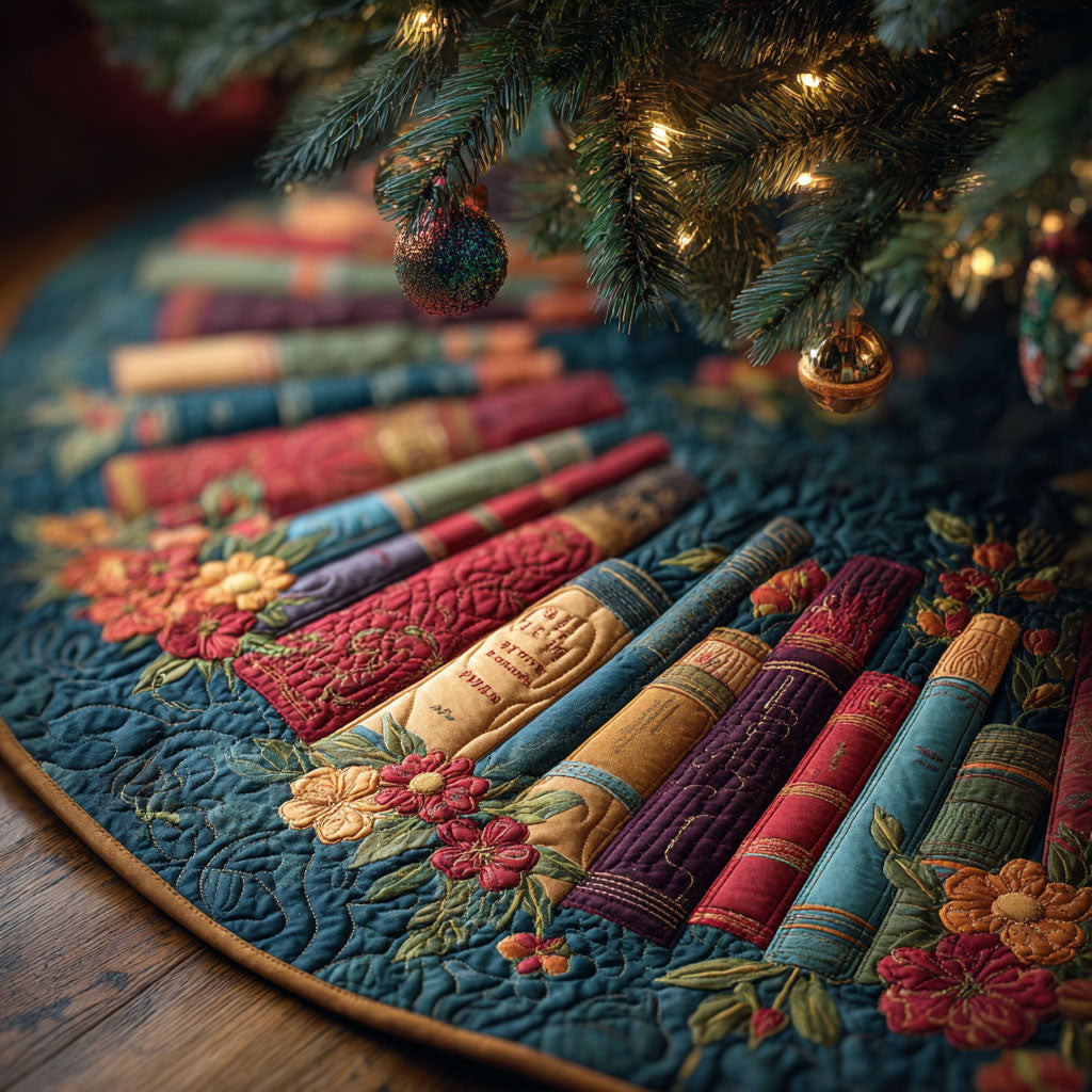 Enchanted Volumes Christmas Quilted Tree Skirt Festive Decor Christmas Gifts For Bookworms