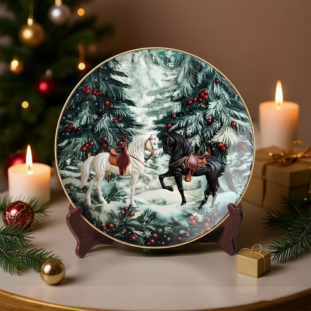 Enchanted Winter Horses Christmas Ceramic Plate In Snow Forest Home Decor Gifts For Horse Lovers