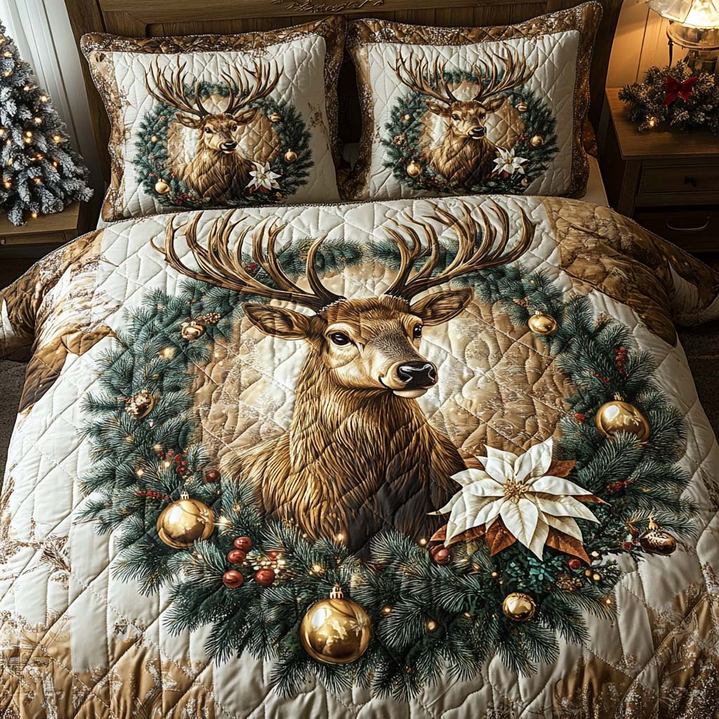 Enchanted Yuletide Deer Quilted Bedding Set Christmas Bed Sheets Great Gifts For Deer Hunters