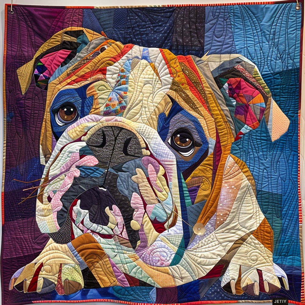 English Bulldog Portrait Quilted Blanket Graphic Dog Lover Patchwork Art Throw Gift For Dog Owners