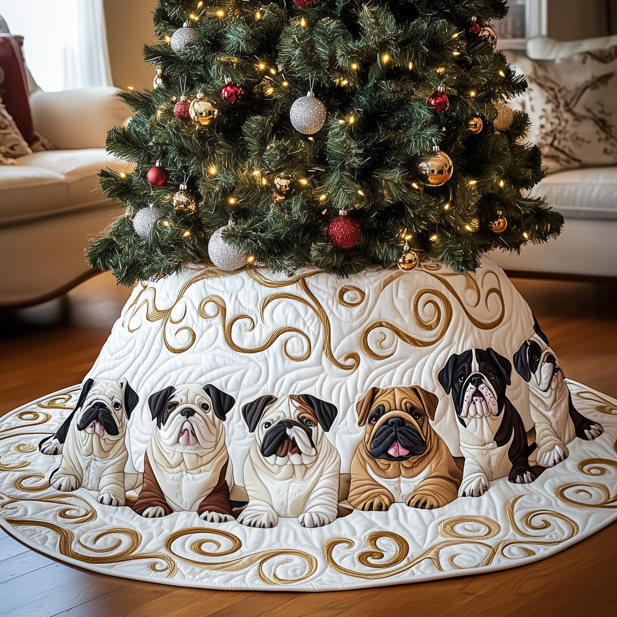 English Bulldog Quilted Tree Skirt Beautiful Christmas Home Merch