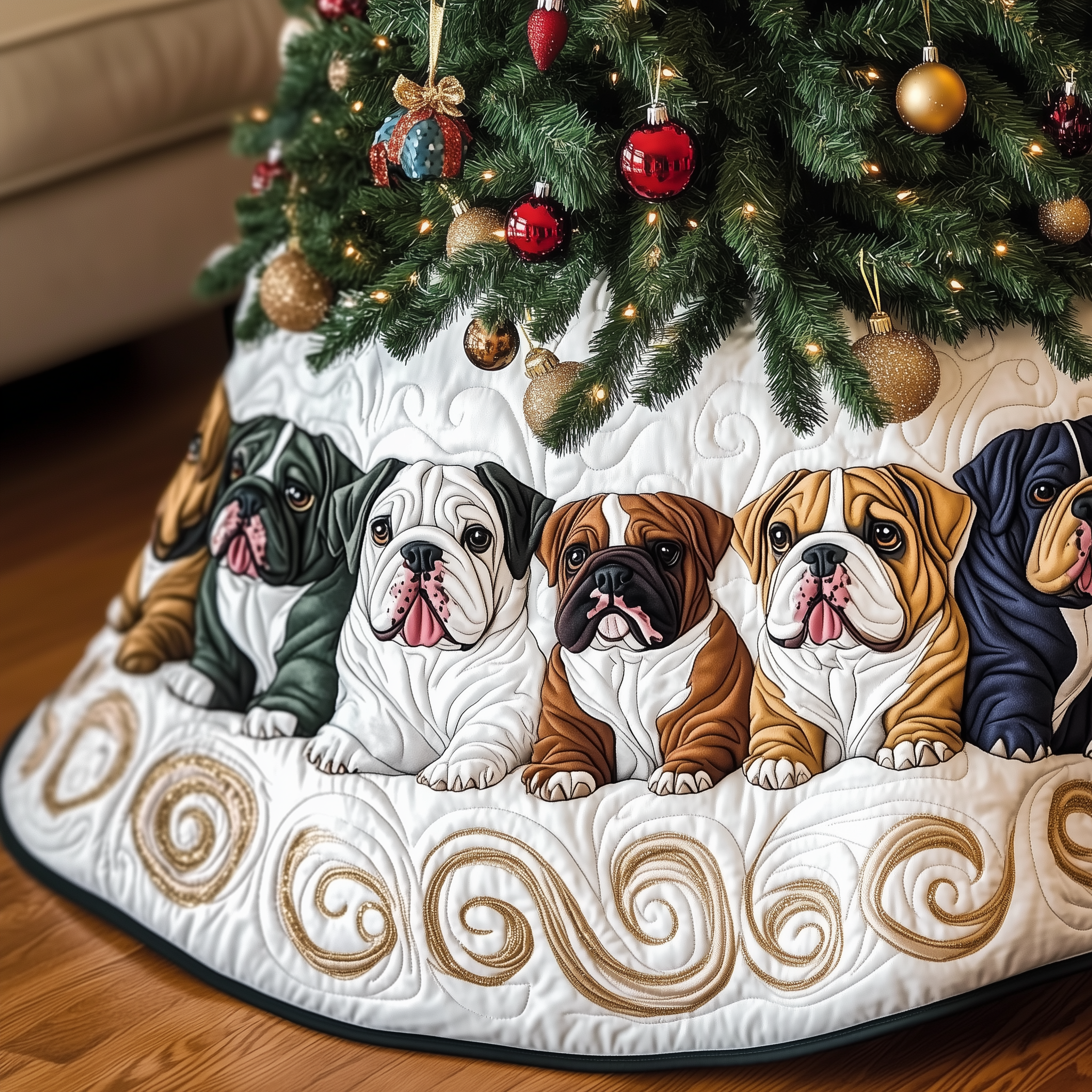 English Bulldog Quilted Tree Skirt Warm Gift Merch For Family