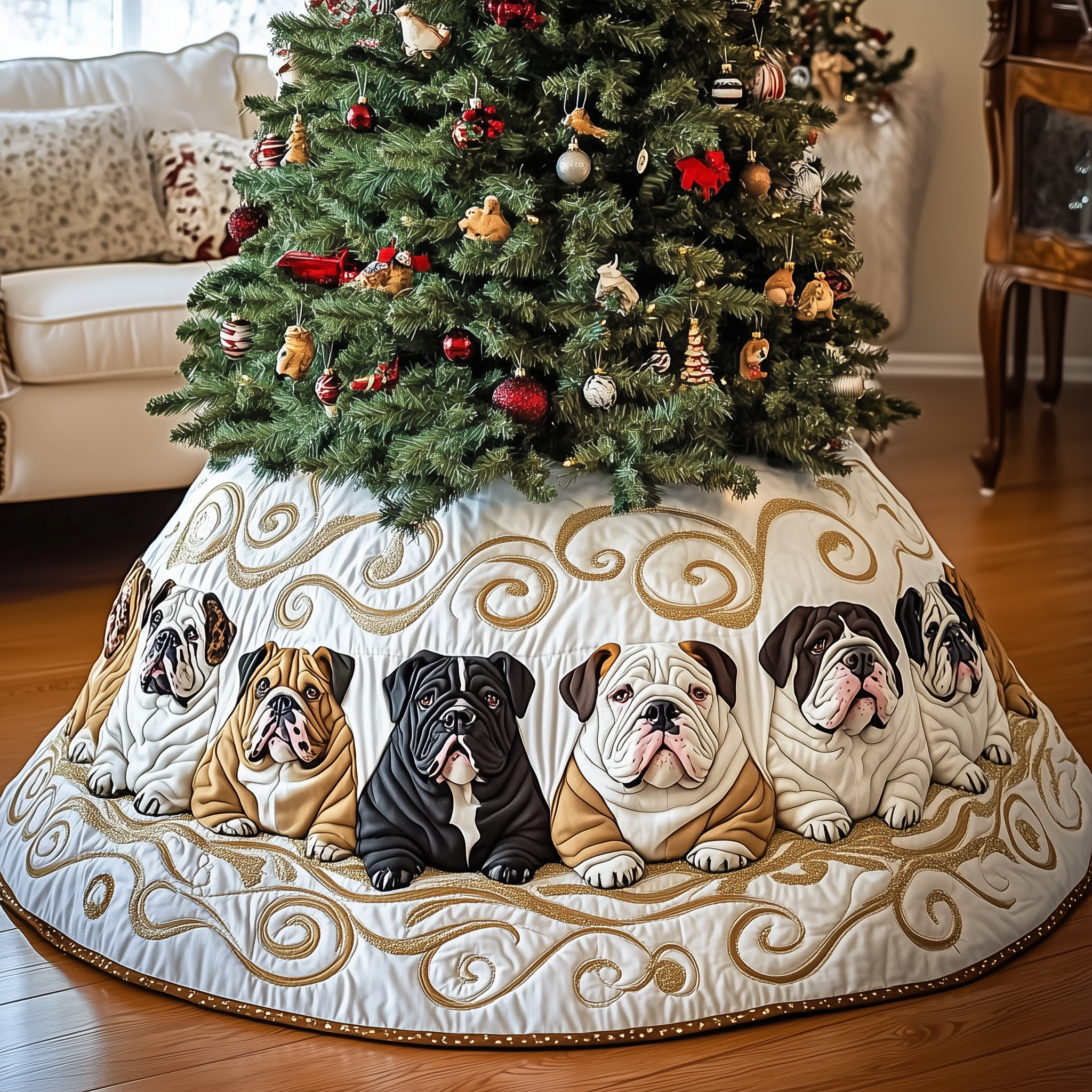 English Bulldog Quilted Tree Skirt Xmas Tree Surround Decorations English Bulldog Gifts For Owners