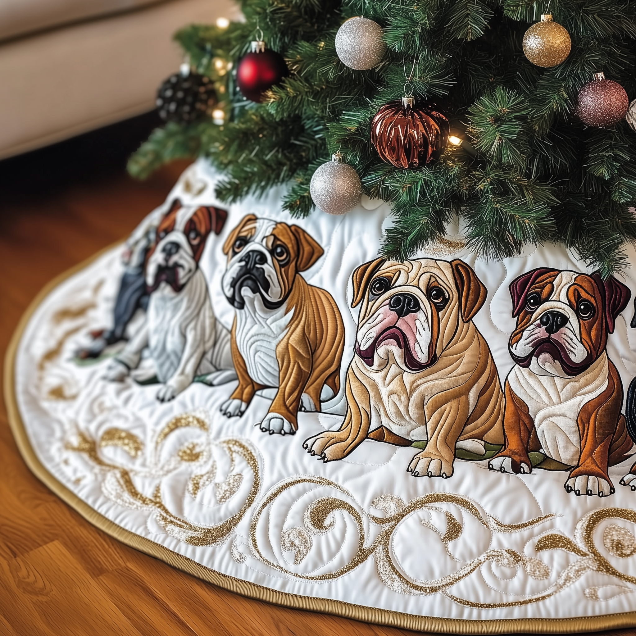 English Bulldog Quilted Tree Skirt Xmas Tree Surround Decorations English Bulldog Gifts For Owners