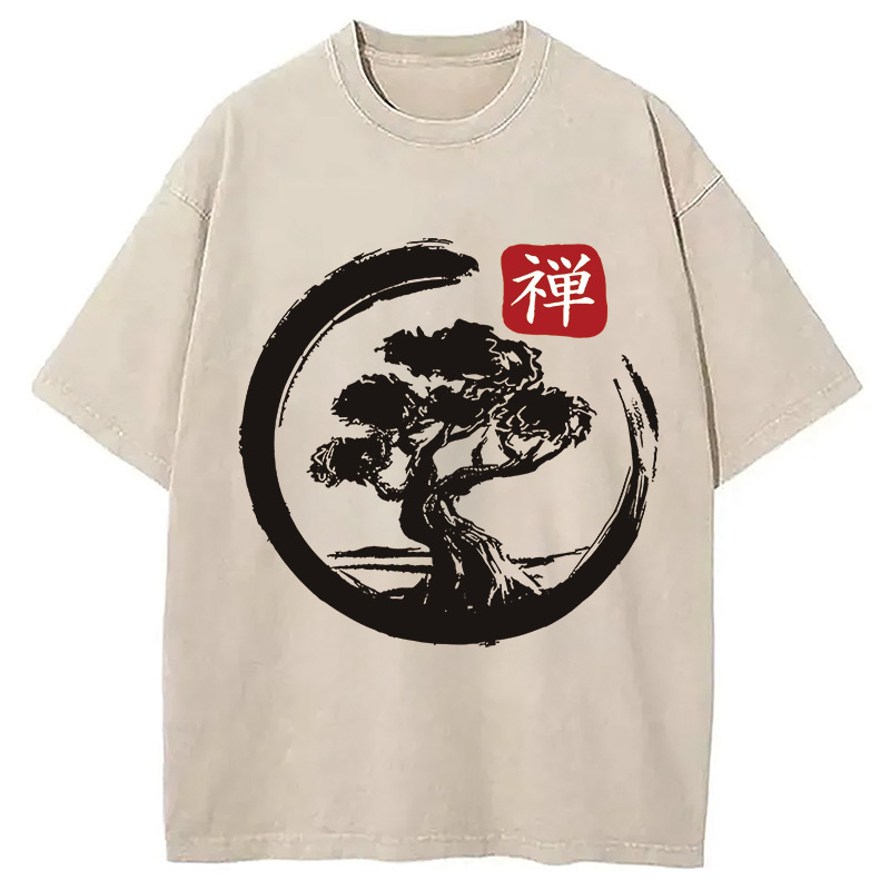 Enso Circle Bonsai Washed T-Shirt Soft Comfortable Daily T Shirt Gifts For Sister