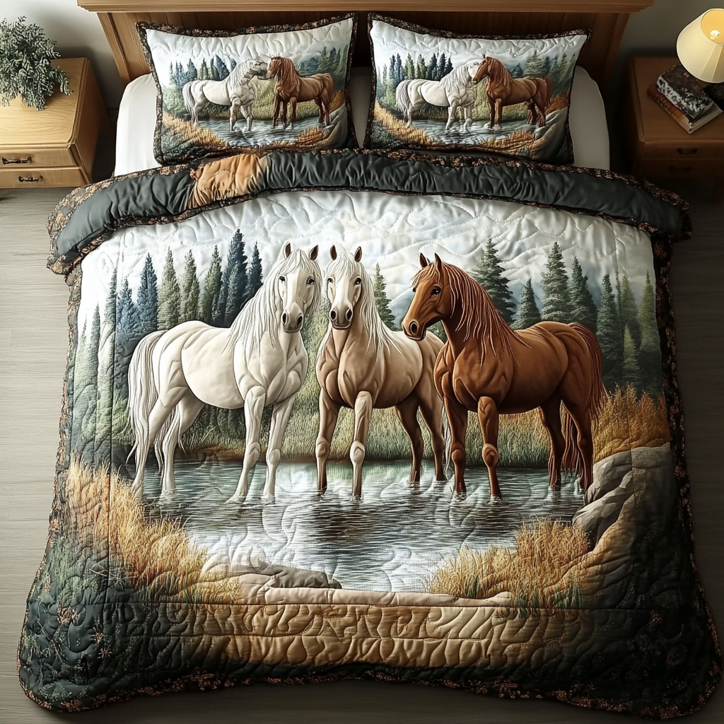 Equestrian Grace Quilted Bedding Set Best Bedspread Set Unique Gifts For Horse Owners