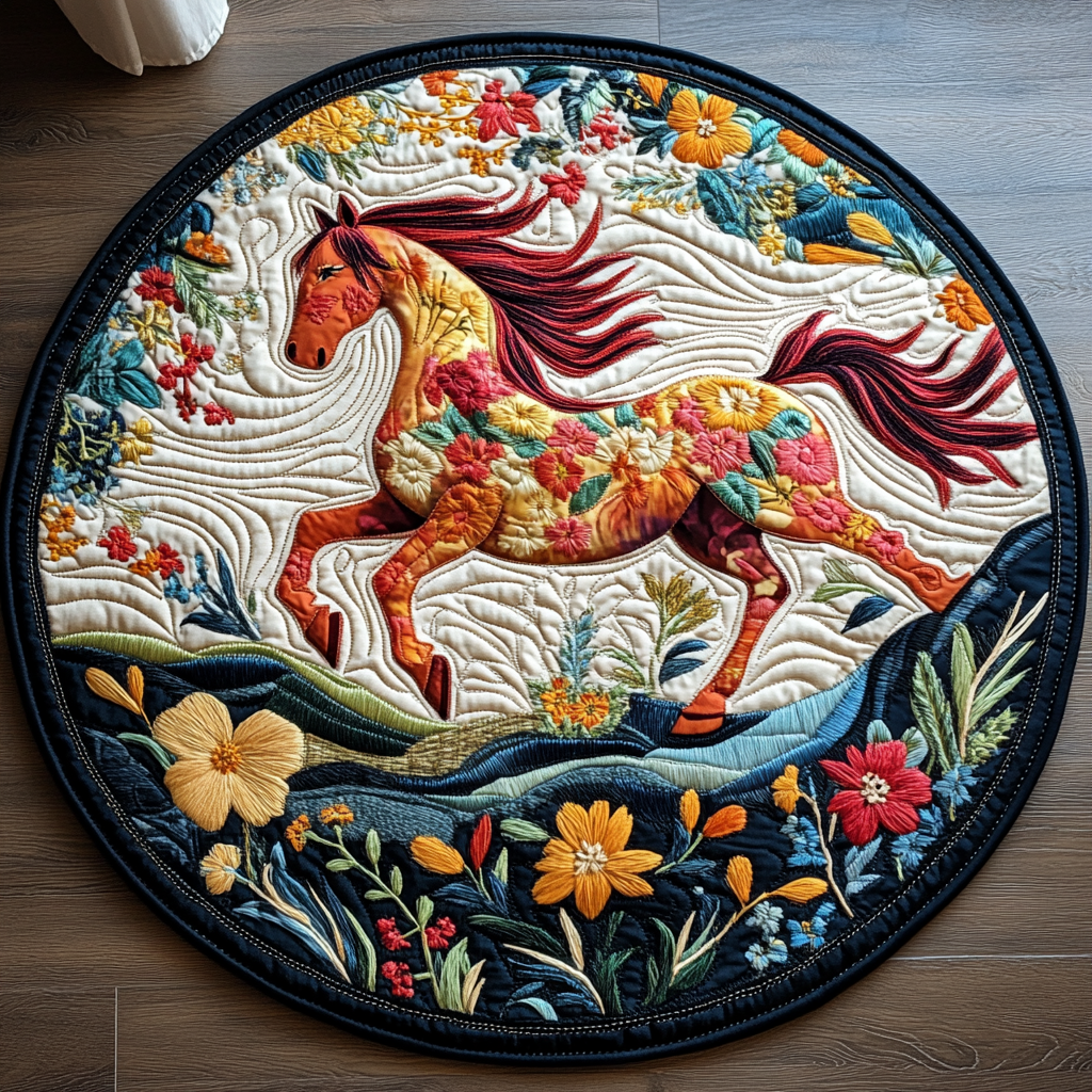 Equine Art Quilted Round Mat Christmas Entryway Decor Gifts For Horse Lovers