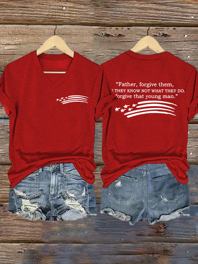 Erika Kirk Father Forgive Them V-Neck Shirt Red White And Blueberries Charlie Kirk Shirt