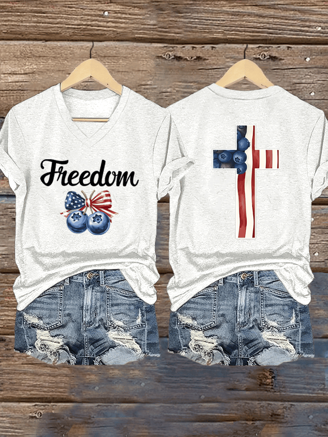 Erika Kirk Freedom V-Neck Shirt Blueberries Cross Flag Memorial Charlie Kirk Apparel