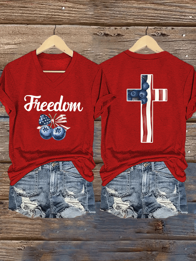 Erika Kirk Red White And Blueberries V-Neck Shirt Blueberries Flag Cross Charlie Kirk Tribute