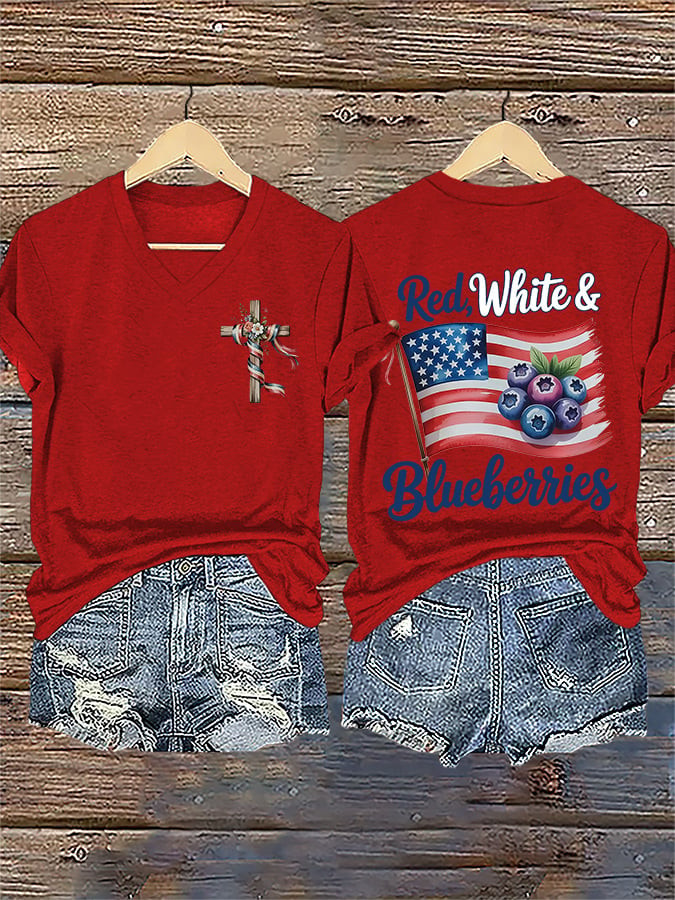 Erika Kirk Red White And Blueberries V-Neck Shirt Flag Cross Charlie Kirk Tribute