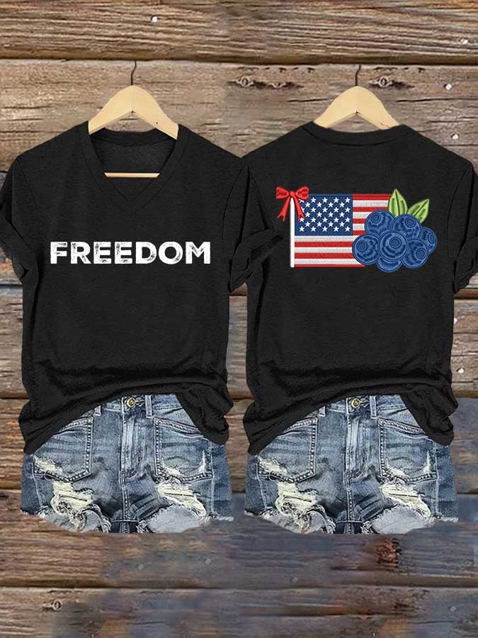 Erika Kirk Red White And Blueberries V-Neck Shirt Freedom For Charlie Kirk Charlie Kirk Clothing