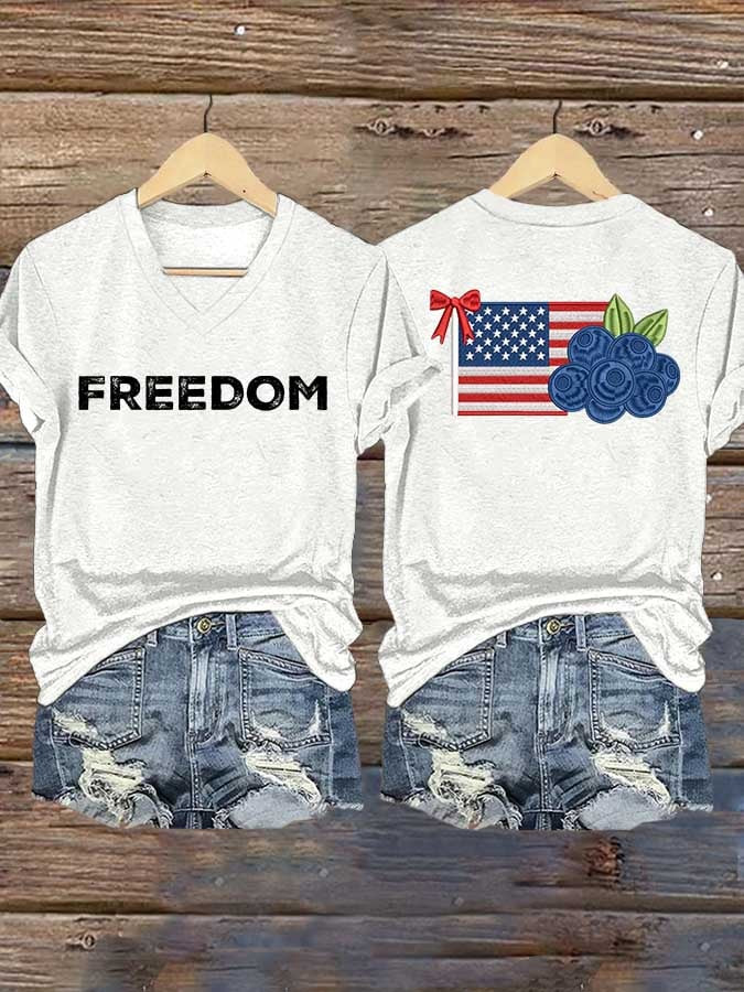 Erika Kirk Red White And Blueberries V-Neck Shirt Freedom For Charlie Kirk Charlie Kirk Tribute