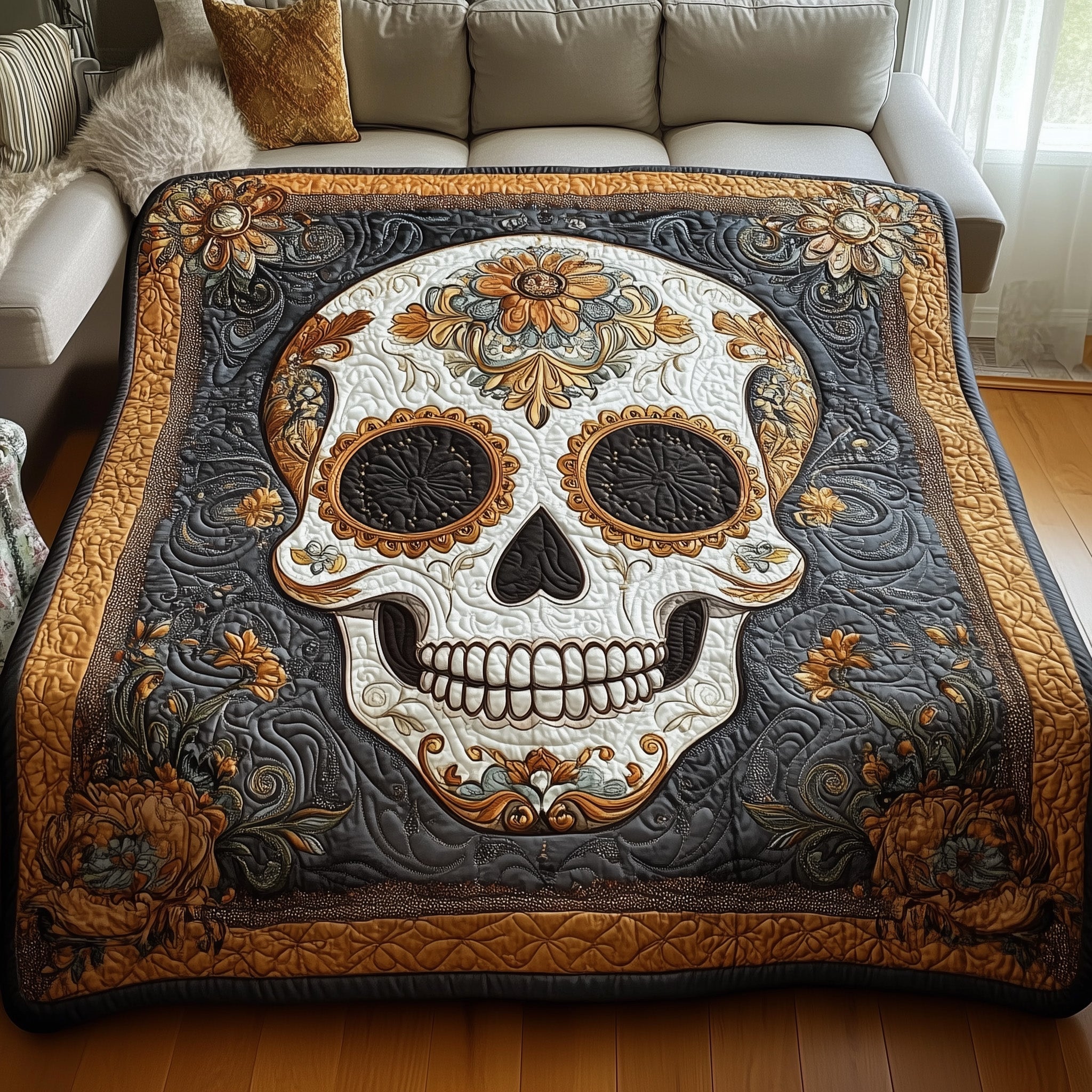 Eternal Bloom Quilted Blanket Couch Throw BlanketGifts For People Who Like Skulls