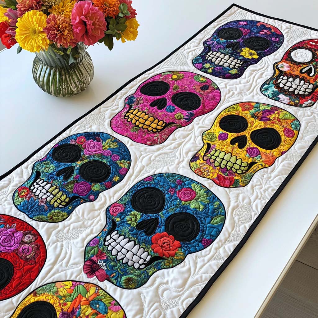 Eternal Bloom Quilted Table Runner Sugar Skull Table Runner Unique Gifts For Family