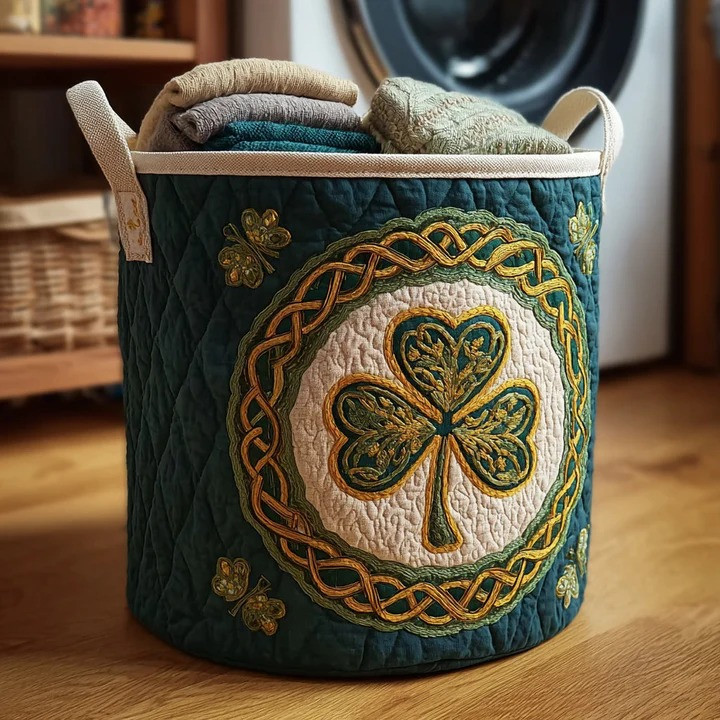Eternal Green Heritage Celtic Quilted Laundry Basket Irish Pride Home Organizer Gift For Celtic Lovers