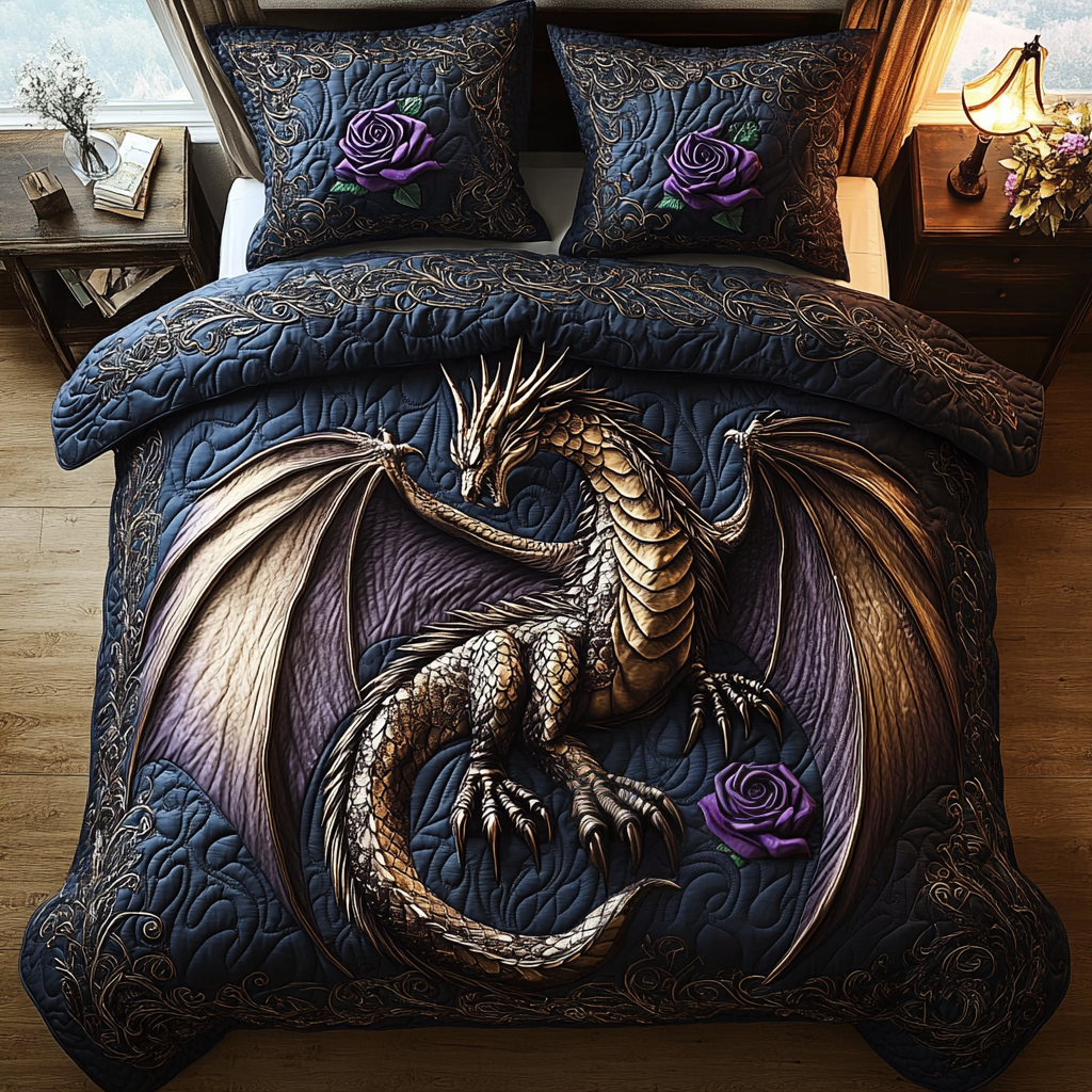 Ethereal Dragons Quilted Bedding Set Cozy Bedroom Decor Unique Dragon Gifts