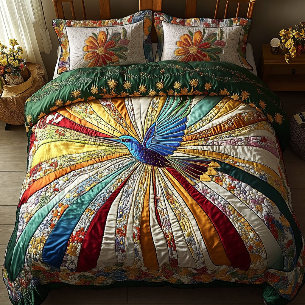 Ethereal Flutter Quilted Bedding Set Bed Room Decoration Hummingbird Themed Gifts