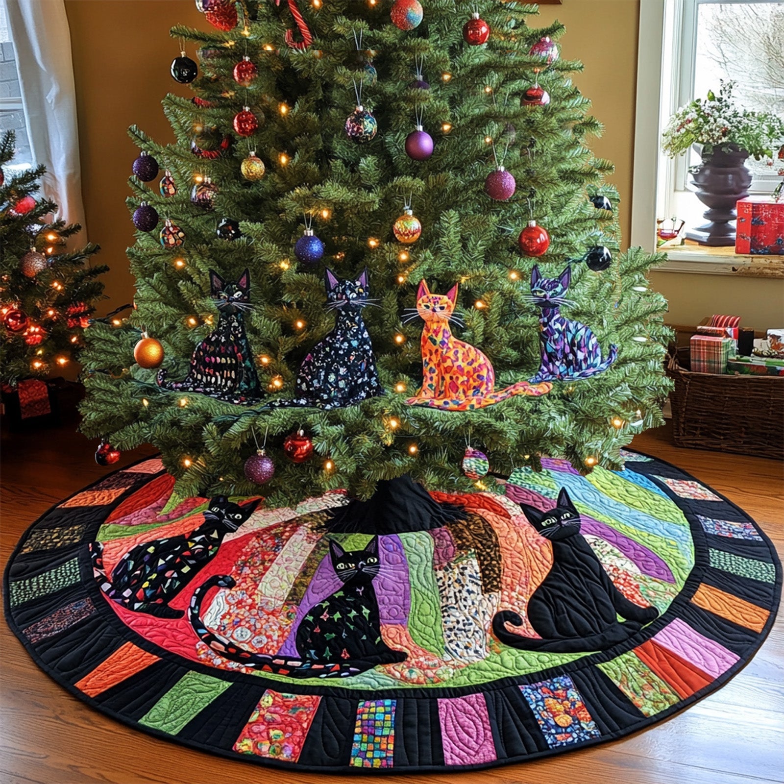 Evening Cats Quilted Christmas Tree Skirt Holiday Tree Base Decoration Family Holiday Gathering Decor